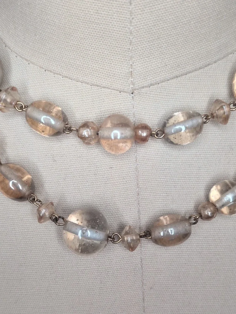 Vintage Long Champagne & Smoky Seeded Glass Bead Opera Necklace